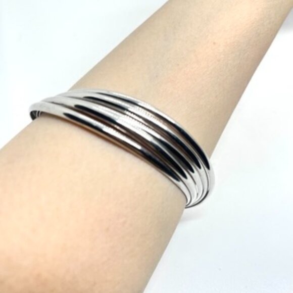 VINTAGE 925 ITALY STERLING SILVER MODERNIST RIDGED CUFF BRACELET BANGLE - Picture 1 of 16